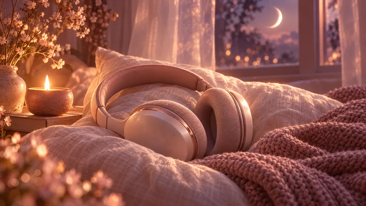 Headphones resting on a linen pillow by a window with a crescent moon