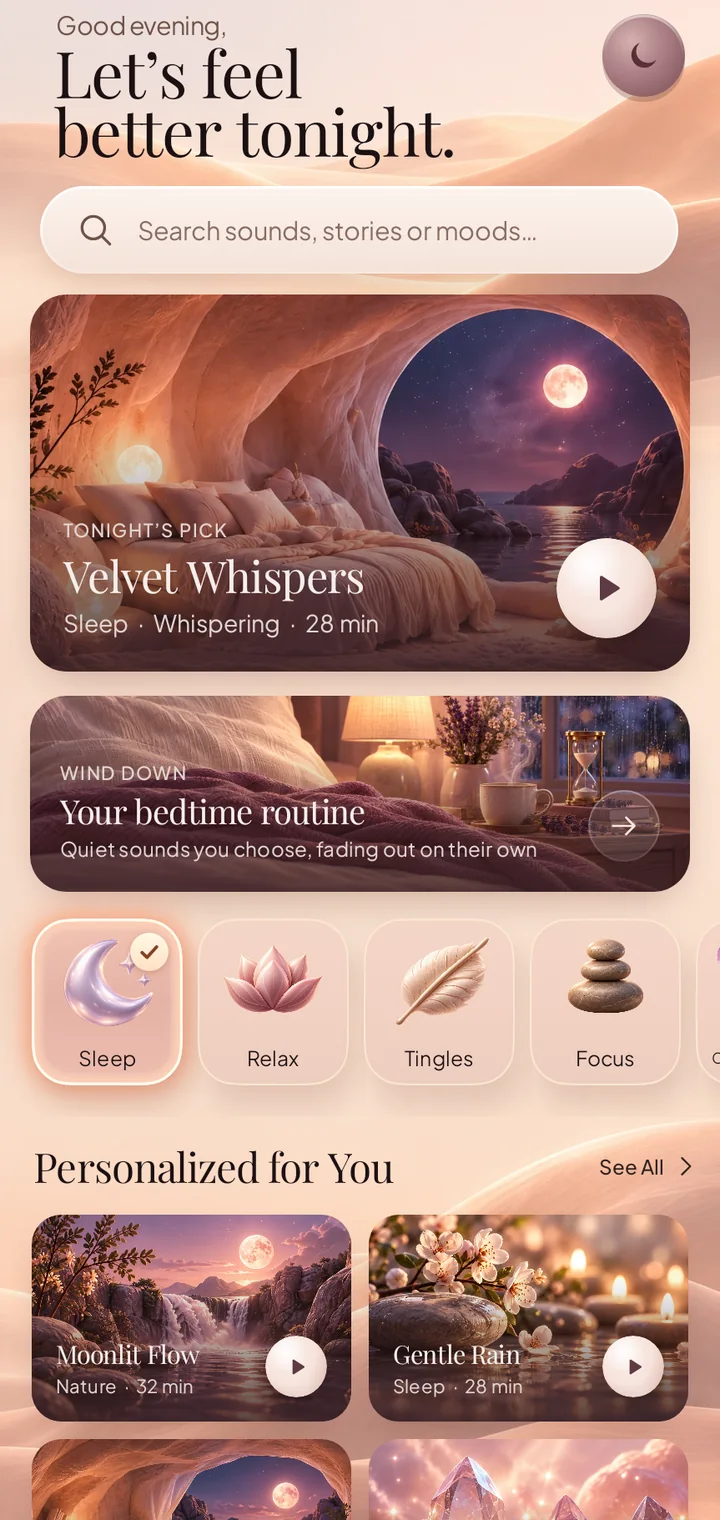 Murmoon home screen: Tonight’s pick, a bedtime routine and sounds for sleep, relax, tingles and focus