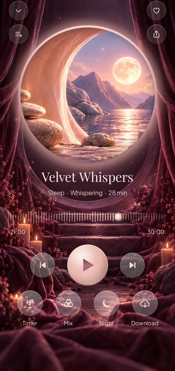 Player for Velvet Whispers, with buttons for the timer, the mix, night mode and download