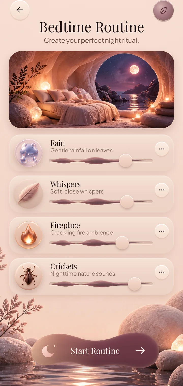 Bedtime routine screen with rain, whispers, fireplace and crickets, each with its own volume