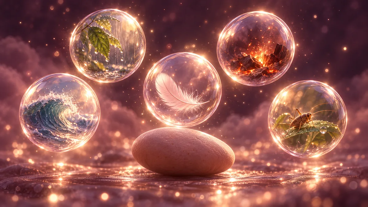 Glass orbs holding rain, an ember, a wave, a feather and a cricket, floating around a clay pebble